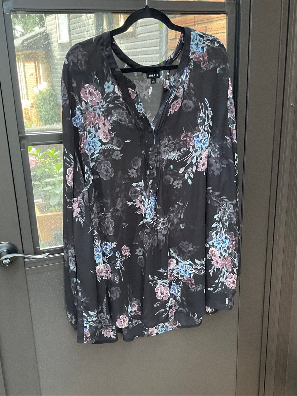 torrid Black Floral V-Neck Tunic with Pink & Blue Blooms